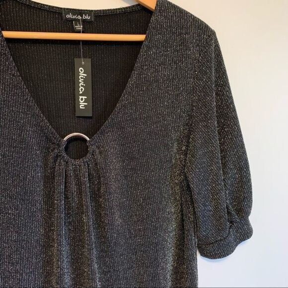 New with tag black shimmery v neckline women top with half sleeves size large - Picture 3 of 8
